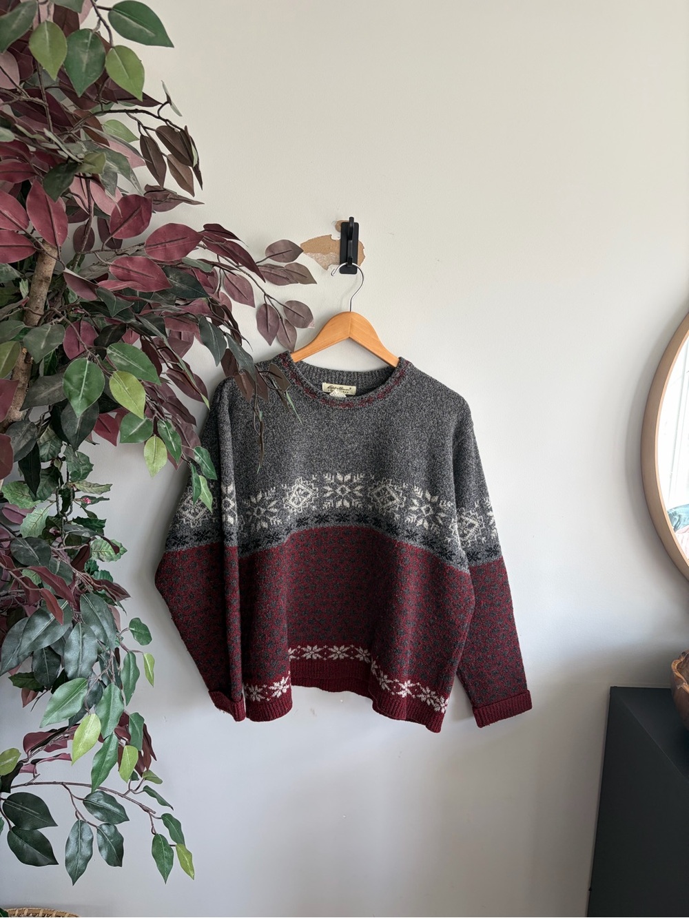 Eddie Bauer Gray and Burgundy Fair Isle Crewneck Sweater